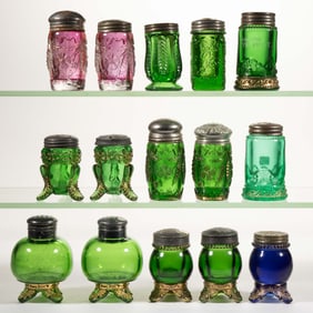 ASSORTED EAPG STATES PATTERN GLASS SALT AND PEPPER SHAKERS, LOT OF 15