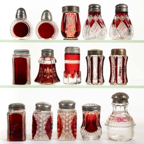 ASSORTED EAPG RUBY-STAINED SALT AND PEPPER SHAKERS, LOT OF 15