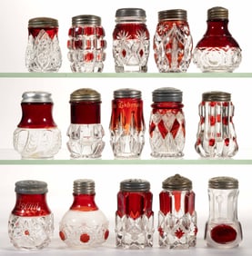 ASSORTED EAPG RUBY-STAINED SALT AND PEPPER SHAKERS, LOT OF 15