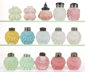 ASSORTED VICTORIAN OPAQUE GLASS SALT AND PEPPER SHAKERS, LOT OF 15