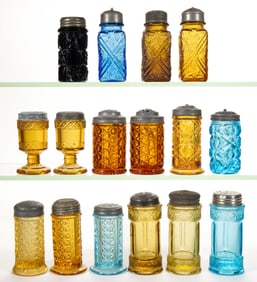ASSORTED EAPG COLORED GLASS SALT AND PEPPER SHAKERS, LOT OF 16