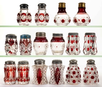 ASSORTED EAPG RUBY-STAINED SALT AND PEPPER SHAKERS, LOT OF 16