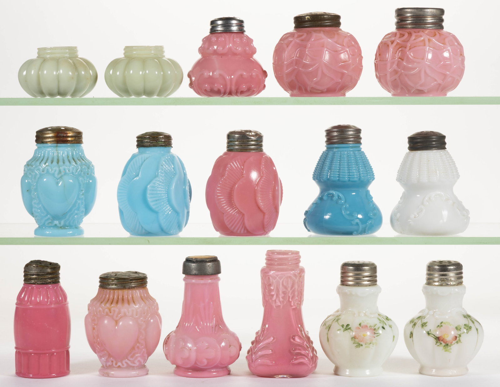 ASSORTED DITHRIDGE OPAQUE SALT AND PEPPER SHAKERS, LOT OF 16: ASSORTED DITHRIDGE OPAQUE SALT AND PEPPER SHAKERS, LOT OF 16, pink (one cased), blue, light green, and white/milk glass, including Double Deck, Heart, Clover Leaf, Spider Web, Sunset, and Scroll in Sc