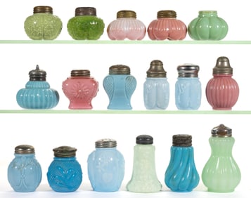 ASSORTED VICTORIAN OPAQUE GLASS SALT AND PEPPER SHAKERS, LOT OF 17