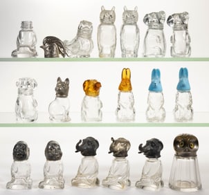 ASSORTED FIGURAL GLASS SALT AND PEPPER SHAKERS, LOT OF 18