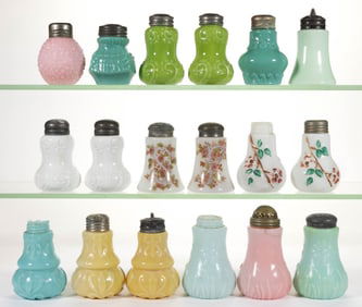 ASSORTED NEW MARTINSVILLE OPAQUE SALT AND PEPPER SHAKERS, LOT OF 18