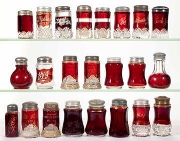ASSORTED EAPG RUBY-STAINED SALT AND PEPPER SHAKERS, LOT OF 23