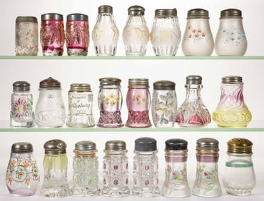ASSORTED EAPG STAINED AND DECORATED CONDIMENT, SALT AND PEPPER SHAKERS, LOT OF 24