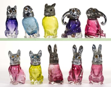 ASSORTED FIGURAL CASED-GLASS SALT AND PEPPER SHAKERS, LOT OF TEN