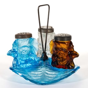 FIGURAL ROOSTER HEAD GLASS FOUR-PIECE CONDIMENT SET