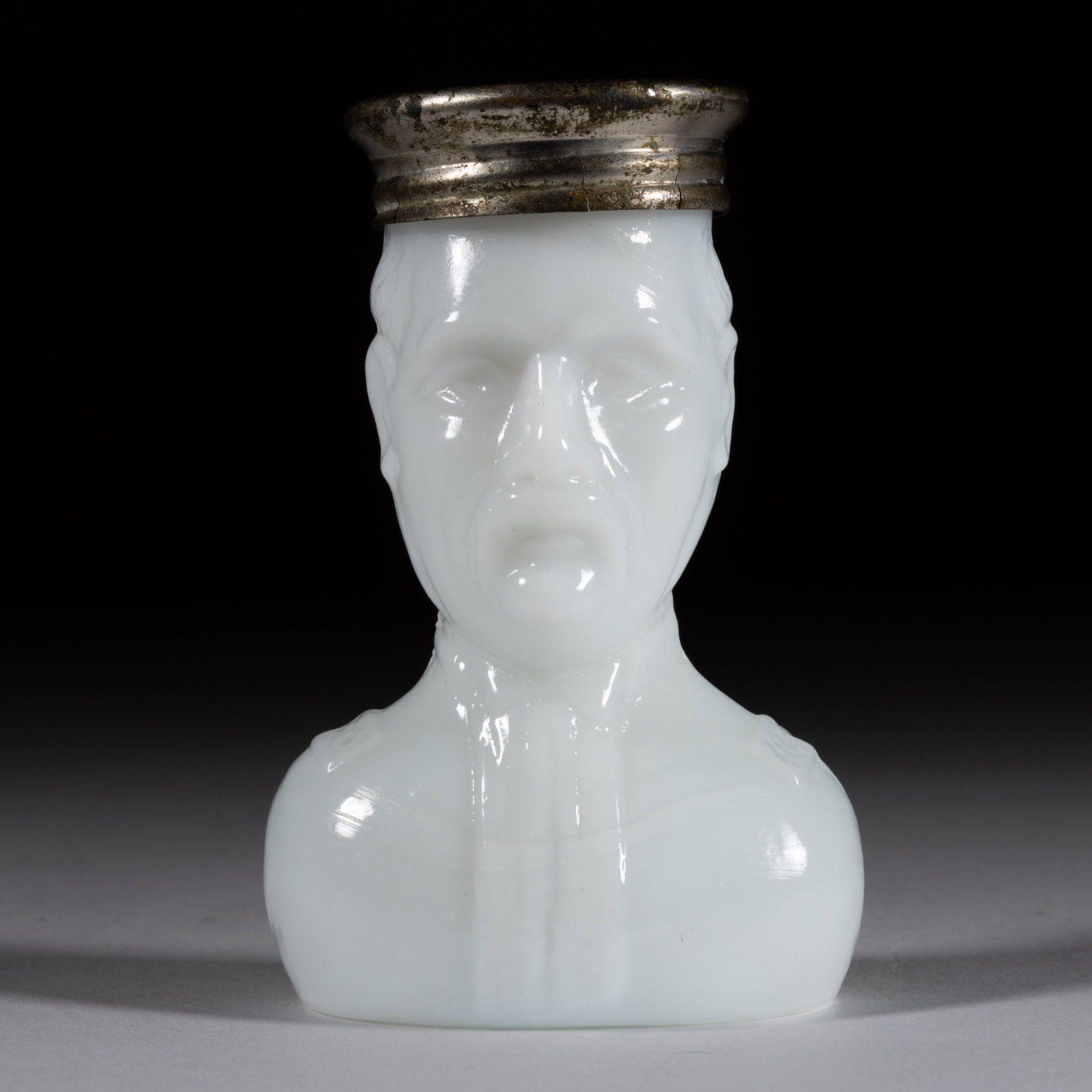 SPANISH-AMERICAN WAR COMMEMORATIVE "GENERAL SHAFTER" FIGURAL MILK GLASS SALT SHAKER: SPANISH-AMERICAN WAR COMMEMORATIVE "GENERAL SHAFTER" FIGURAL MILK GLASS SALT SHAKER, glossy opaque white/milk glass, in the form of a shoulder-length bust/statuette of William Rufus Sha