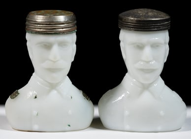 SPANISH-AMERICAN WAR COMMEMORATIVE "ADMIRAL DEWEY" FIGURAL MILK GLASS SALT SHAKERS, LOT OF TWO