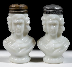 NOVELTY FIGURAL CHRISTOPHER COLUMBUS MILK GLASS PAIR OF SALT AND PEPPER SHAKERS