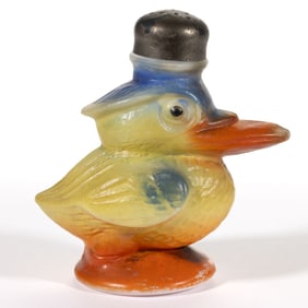 RARE LESLEY'S QUACKER ENAMEL-DECORATED FIGURAL DUCK GLASS SALT SHAKER
