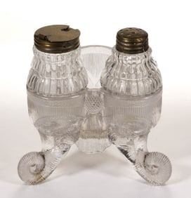 JUMBO / STANLEY FIGURAL PRESSED GLASS SALT AND PEPPER SHAKER SET IN STAND