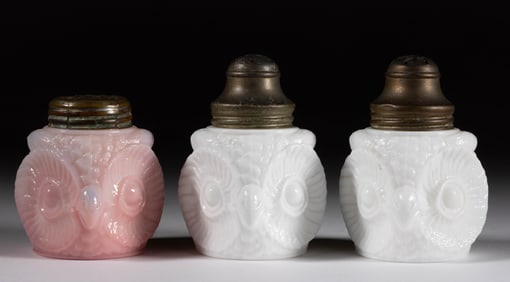 FIGURAL OWL OPAQUE GLASS SALT SHAKERS, LOT OF THREE