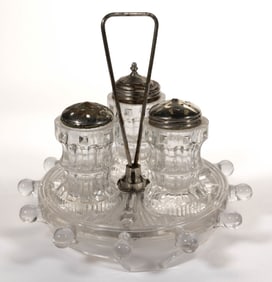 BRYCE PILOT (OMN) FIGURAL PRESSED GLASS THREE-BOTTLE CASTER SET