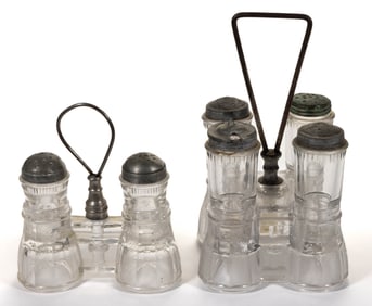 BRYCE, HIGBEE OPERA (OMN) FIGURAL PRESSED GLASS CONDIMENT SETS, LOT OF TWO