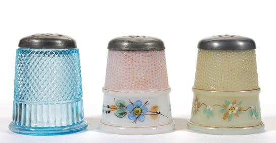 FIGURAL THIMBLE PRESSED GLASS SALT AND PEPPER SHAKERS, LOT OF THREE