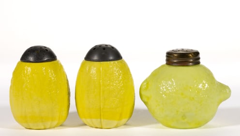 FIGURAL LEMON GLASS PAIR OF SALT AND PEPPER SHAKERS, LOT OF THREE