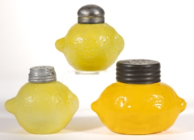FIGURAL LEMON GLASS PAIR OF SALT AND PEPPER SHAKERS, LOT OF THREE