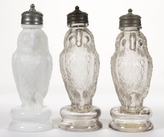 BIG OWL FIGURAL PRESSED GLASS SALT AND PEPPER SHAKERS, LOT OF THREE