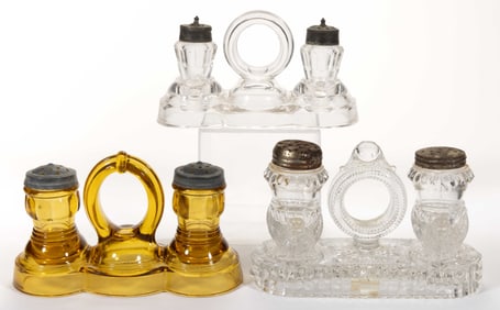 RIVERSIDE NO. 45 (OMN) PRESSED GLASS SALT AND PEPPER SHAKER SETS IN STAND, LOT OF TWO