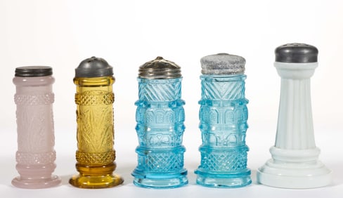 ASSORTED PRESSED FIGURAL GLASS SALT AND PEPPER SHAKERS, LOT OF FIVE