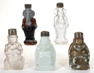 ASSORTED FIGURAL GLASS SALT SHAKERS, LOT OF FIVE