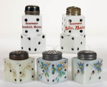 FIGURAL DICE OPAQUE GLASS SALT AND PEPPER SHAKERS, LOT OF FIVE