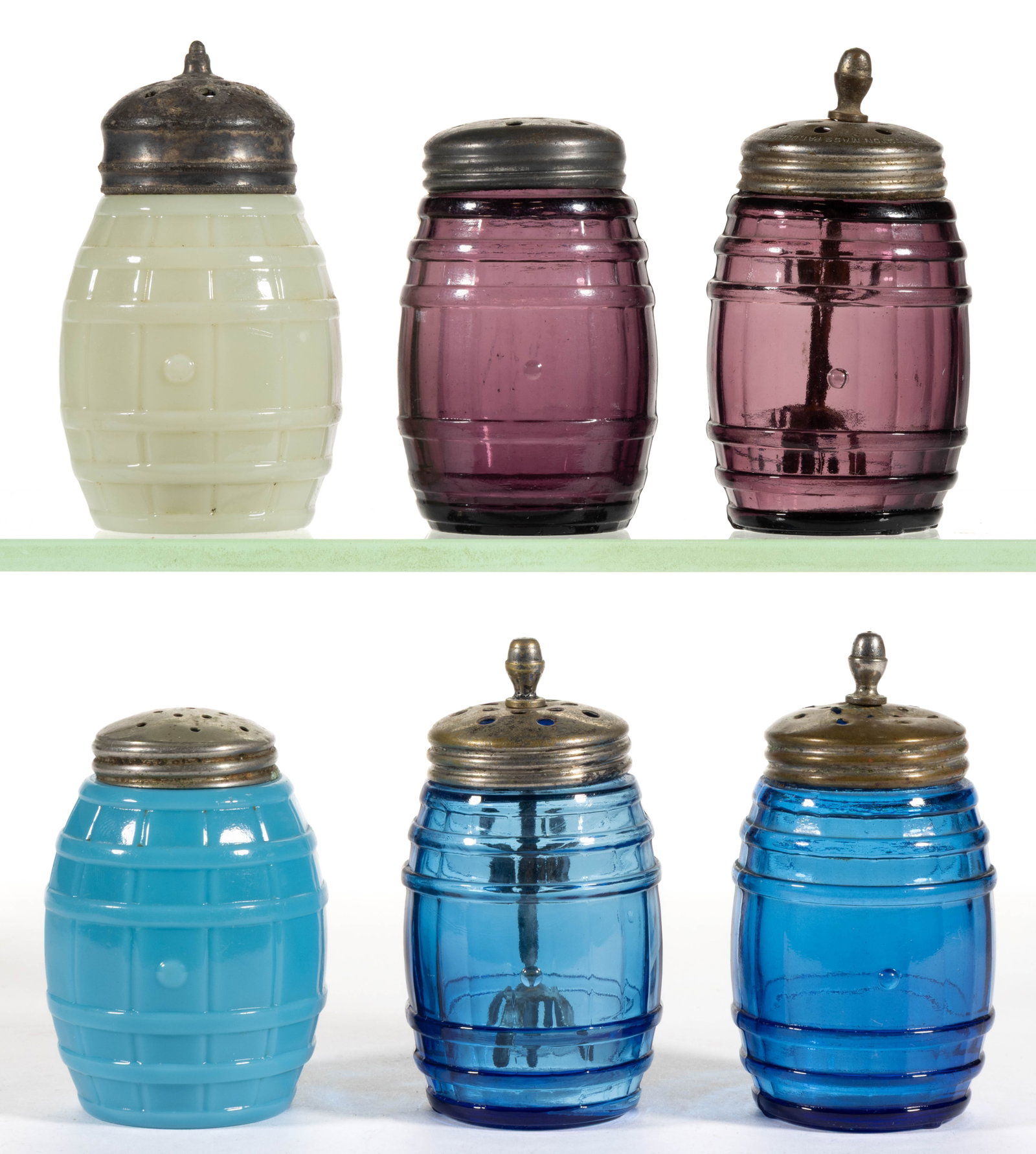 ASSORTED BLOWN-MOLDED GLASS "HOOPED BARREL" SALT AND PEPPER SHAKERS, LOT OF SIX: ASSORTED BLOWN-MOLDED GLASS "HOOPED BARREL" SALT AND PEPPER SHAKERS, LOT OF SIX, various colors comprising a pair in deep amethyst, a pair in sapphire blue, one custard (reacts under black l