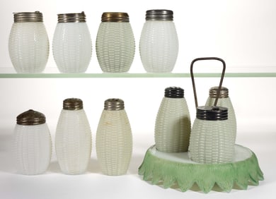 FIGURAL CORN / MAIZE CONDIMENT SET AND SALT AND PEPPER SHAKERS, LOT OF EIGHT