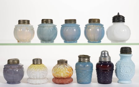 VICTORIAN OPAQUE GLASS SALT AND PEPPER SHAKERS, LOT OF 11
