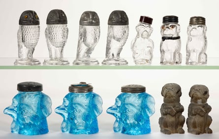 ASSORTED FIGURAL GLASS ANIMAL SALT AND PEPPER SHAKERS, LOT OF 12