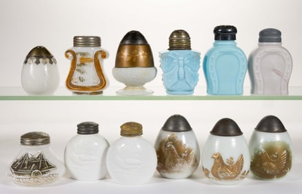 ASSORTED OPAQUE FIGURAL GLASS SALT AND PEPPER SHAKERS, LOT OF 12