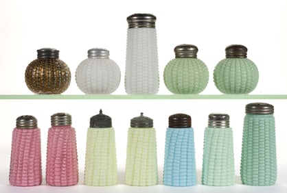 VICTORIAN OPAQUE GLASS CORN FIGURAL SALT AND PEPPER SHAKERS, LOT OF 12