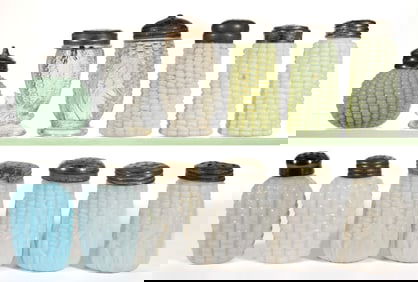 VICTORIAN GLASS CORN FIGURAL SALT AND PEPPER SHAKERS, LOT OF 12