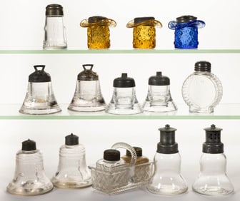 ASSORTED FIGURAL GLASS SALT SHAKERS, LOT OF 14