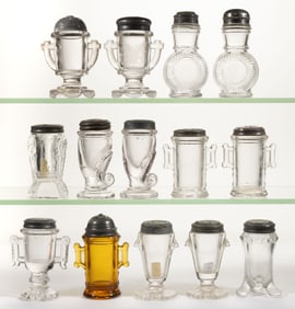 ASSORTED EAPG FIGURAL AND HANDLED SALT AND PEPPER SHAKERS, LOT OF 14