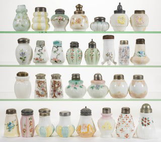 ASSORTED DECORATED OPAQUE WHITE / MILK GLASS SALT AND PEPPER SHAKERS, LOT OF 30