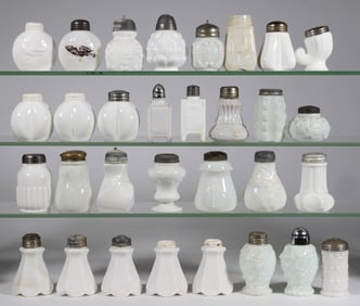 ASSORTED OPAQUE WHITE / MILK GLASS SALT AND PEPPER SHAKERS, LOT OF 31
