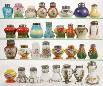 ASSORTED DECORATED OPAQUE WHITE / MILK GLASS SALT AND PEPPER SHAKERS, LOT OF 32