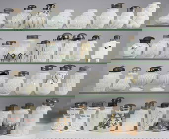 ASSORTED OPAQUE WHITE / MILK GLASS SALT AND PEPPER SHAKERS, LOT OF 34