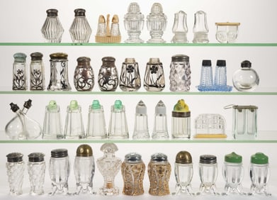 ASSORTED GLASS SALT AND PEPPER SHAKERS, LOT OF 39