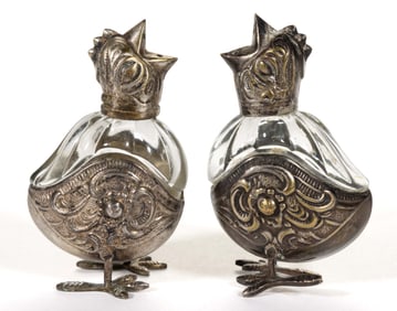 PROBABLY CONTINENTAL SILVER-PLATED AND GLASS FIGURAL CHICK SALT / PEPPER SHAKERS, PAIRING