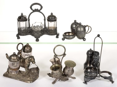 ASSORTED SILVER-PLATED / OTHER METAL CONDIMENT SETS, LOT OF FIVE