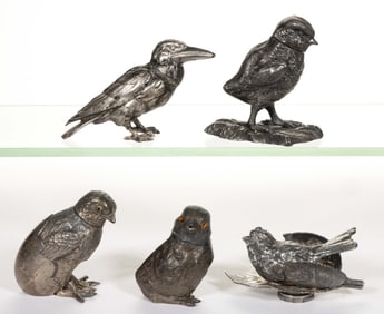 ASSORTED SILVER-PLATED / OTHER METAL FIGURAL BIRD SALT / PEPPER SHAKERS, LOT OF FIVE