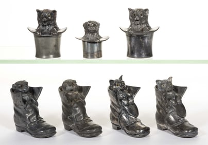 ASSORTED SILVER-PLATED FIGURAL CAT AND DOG SALT / PEPPER SHAKERS, LOT OF SEVEN