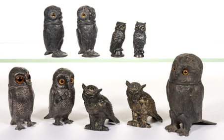 ASSORTED SILVER-PLATED / OTHER METAL FIGURAL OWL SALT / PEPPER SHAKERS, LOT OF NINE