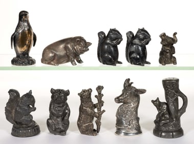 ASSORTED SILVER-PLATED / OTHER METAL FIGURAL ANIMAL SALT / PEPPER SHAKERS, LOT OF TEN